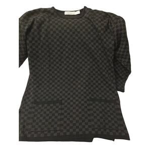 Karen Lessly Womens Sweater Vtg Top Sz L Gray & Black Check Long Sleeves Pocket